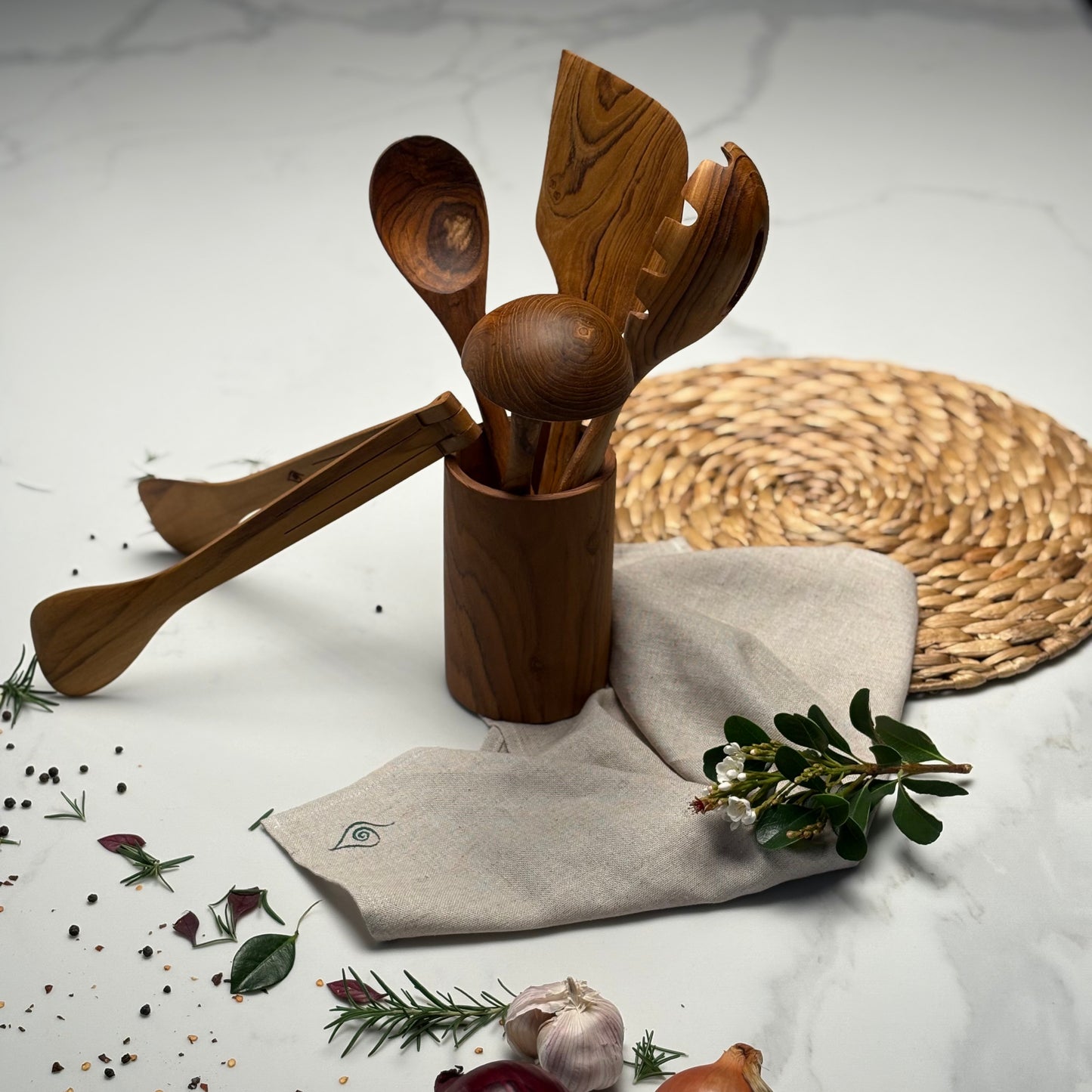 Kitchen Utensil Set is the perfect kitchen sidekick, bringing together five beautifully crafted, high quality, sustainable teak tools for every culinary adventure.
Spatula: 31.5cm x 8.5cm
Wooden Spoon: 30cm x 6cm x 2cm
Spaghetti Server: 31cm x 7cm x 4cm
Tongs: 22cm x 7cm x 3cm
Ladle: 31cm x 4cm x 10cm
Utensil Holder: 14cm x 9cm