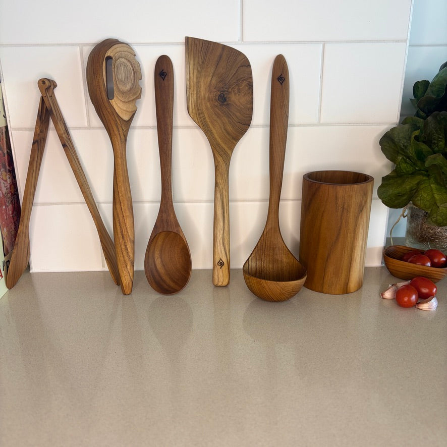 Kitchen Utensil Set is the perfect kitchen sidekick, bringing together five beautifully crafted, high quality, sustainable teak tools for every culinary adventure.
Spatula: 31.5cm x 8.5cm
Wooden Spoon: 30cm x 6cm x 2cm
Spaghetti Server: 31cm x 7cm x 4cm
Tongs: 22cm x 7cm x 3cm
Ladle: 31cm x 4cm x 10cm
Utensil Holder: 14cm x 9cm
