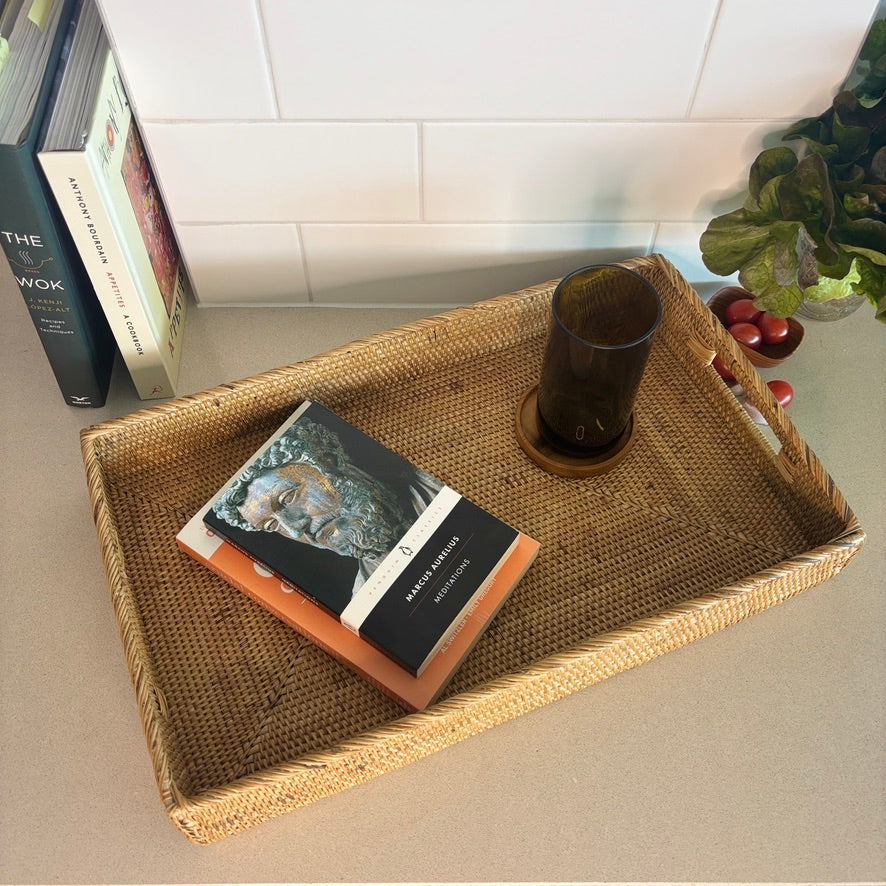 Rectangle-shaped rattan tray with sturdy handles and a lightweight build. Great for serving as it’s easy to carry and versatile. 50cm x 30cm x 7cm