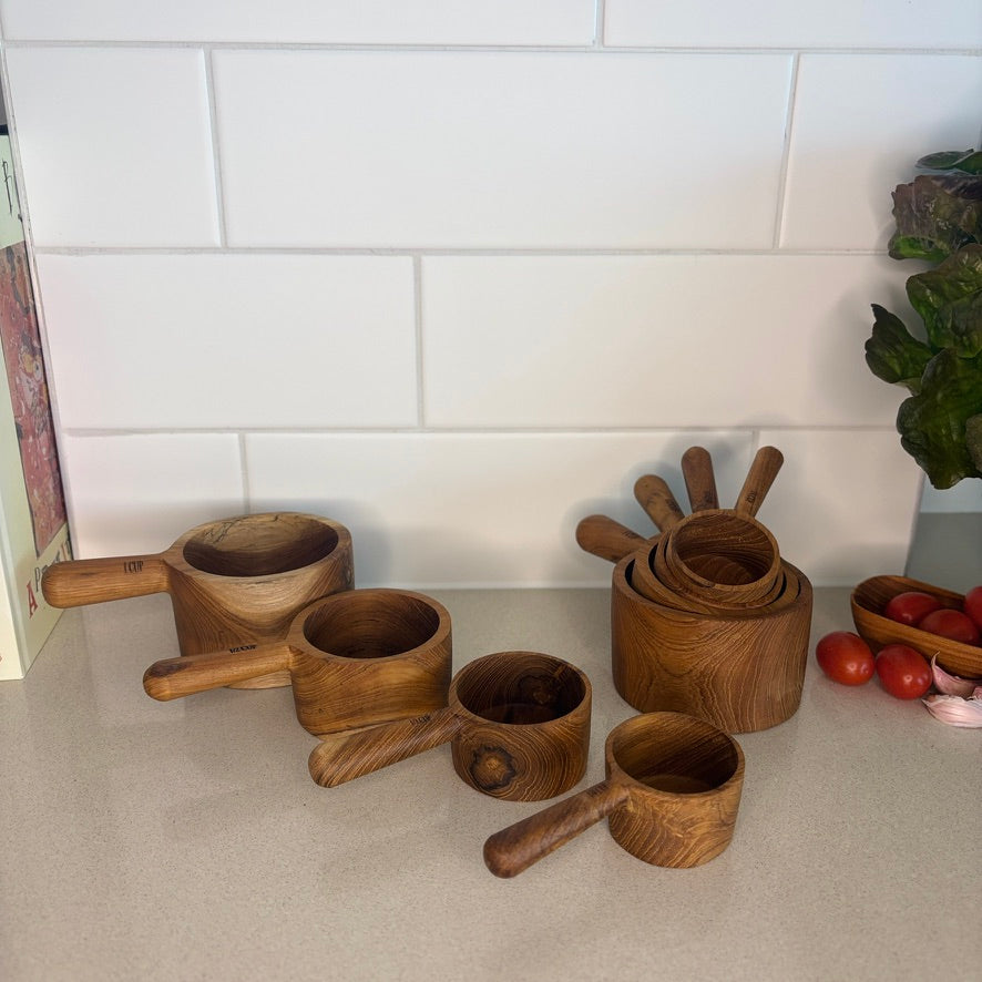Take the guesswork out of cooking and baking with these Sustainable Teak measuring cups.
1 Cup (250ml)
1/2 Cup (125ml)
1/3 Cup (80ml)
1/4 Cup (62.5ml)