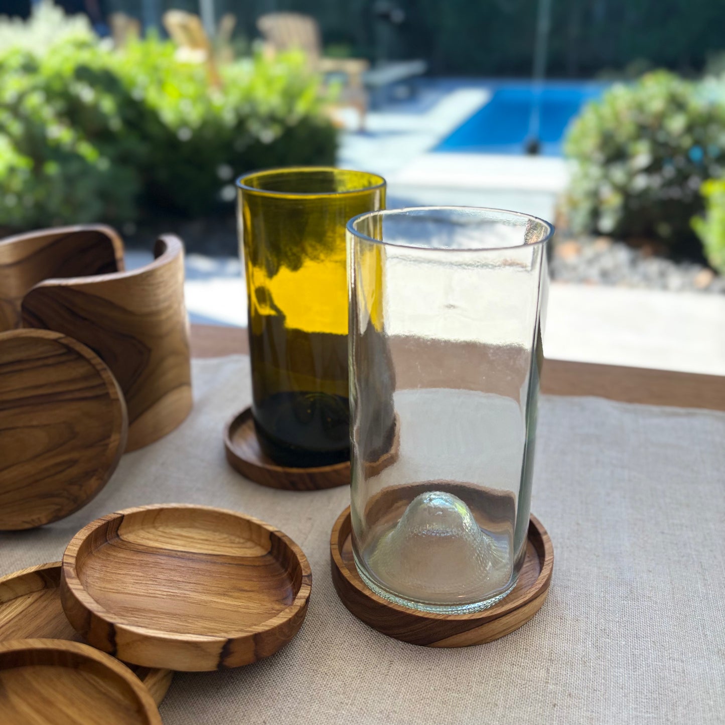 Image of two up-cycled 500ml up-cycled glass tumblers in clear colour, durable and dishwasher safe.
