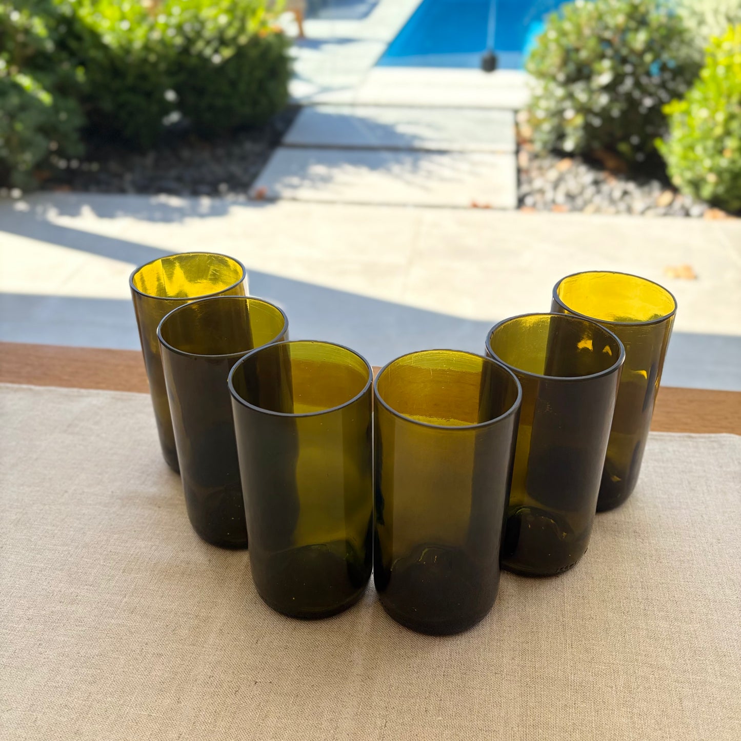 Image of six up-cycled 500ml up-cycled glass tumblers in clear colour, durable and dishwasher safe.