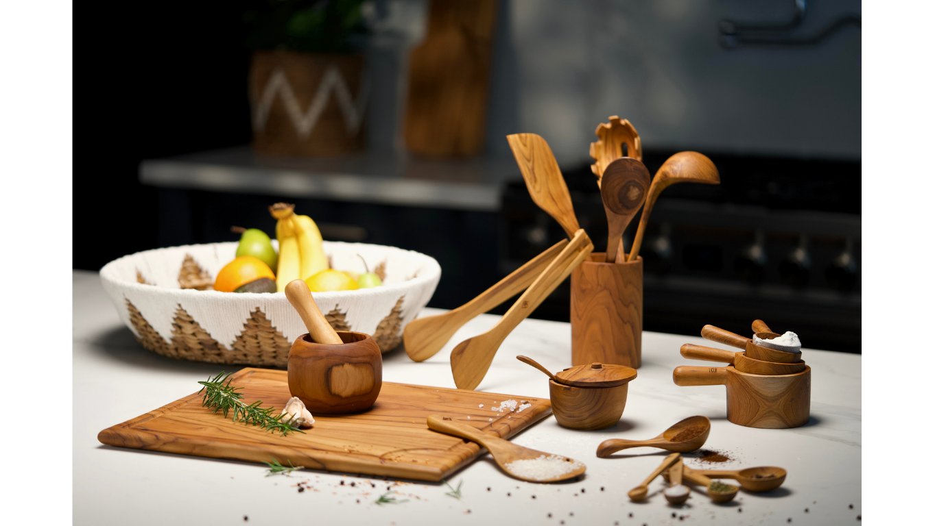 Sustainable Kitchen utensils inclusive of 6 piece utensil set, chopping board, rice spoon, measuring cups and spoons, salt keeper, mortal and pestle and water hyacinth fruit bowl 