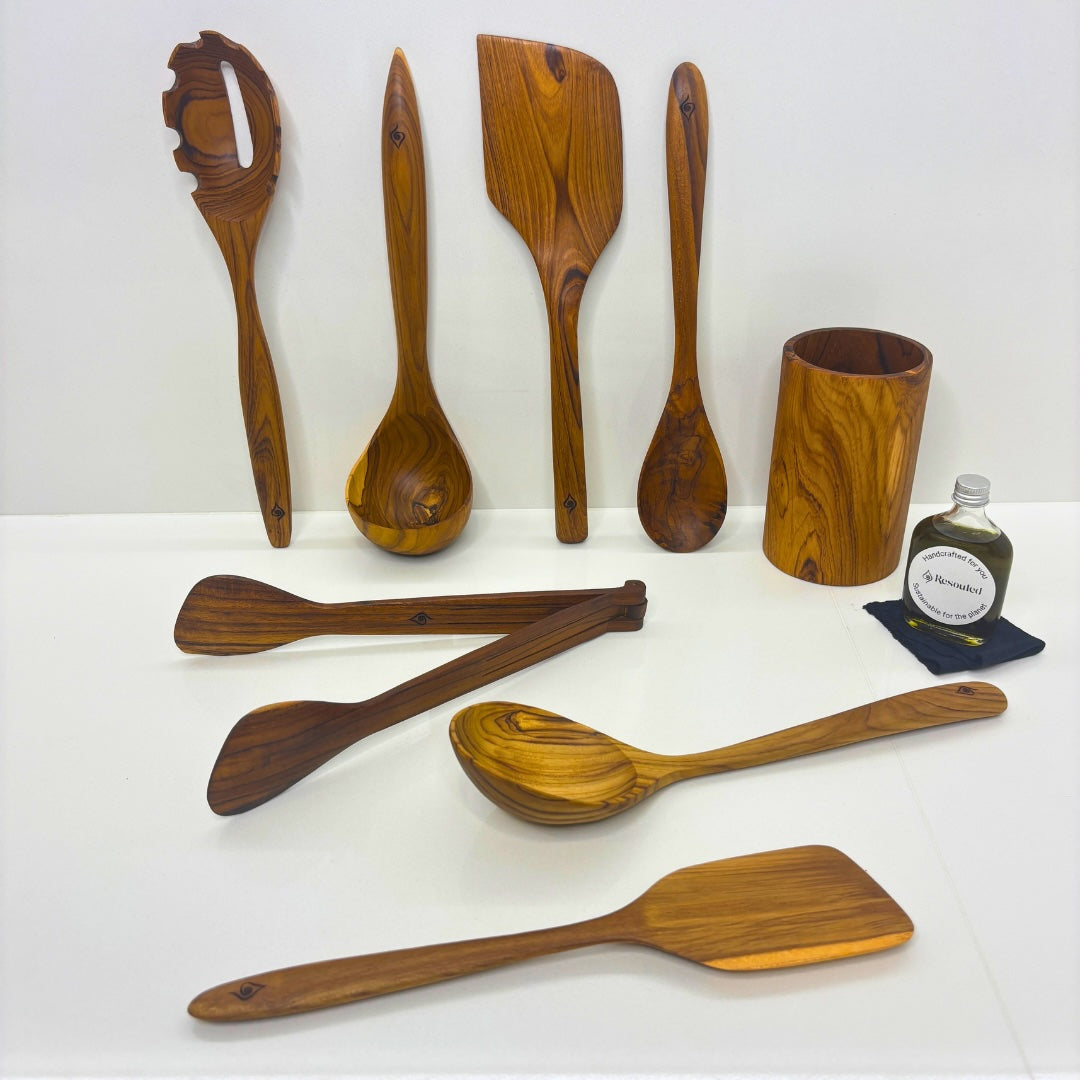 Kitchen Utensil Set is the perfect kitchen sidekick, bringing together Six beautifully crafted, high quality, sustainable teak tools for every culinary adventure. 
Spatula: 31.5cm x 8.5cm
Wooden Spoon: 30cm x 6cm x 2cm
Spaghetti Server: 31cm x 7cm x 4cm
Tongs: 22cm x 7cm x 3cm
Ladle: 31cm x 4cm x 10cm
Utensil Holder: 14cm x 9cm
FREE 50ml bottle of Hemp Oil
Turner: 29.5cm x 6cm x 8cm
Serving Spoon: 30cm x 8cm x 3.5cm