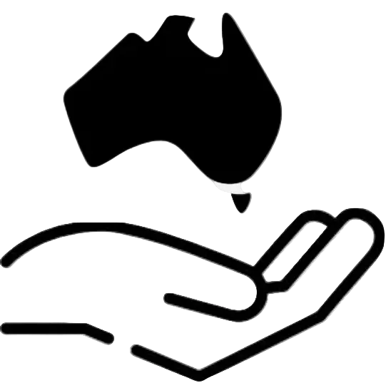 Black silhouette of a hand holding Australia on a white background