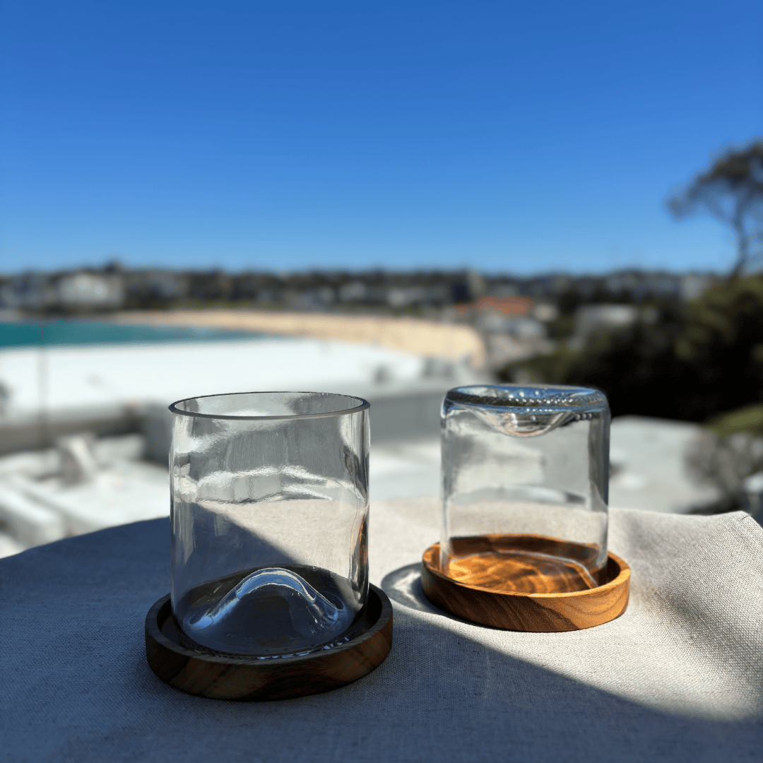 Image of two up-cycled 375ml glass tumblers in clear colour, durable and dishwasher safe.