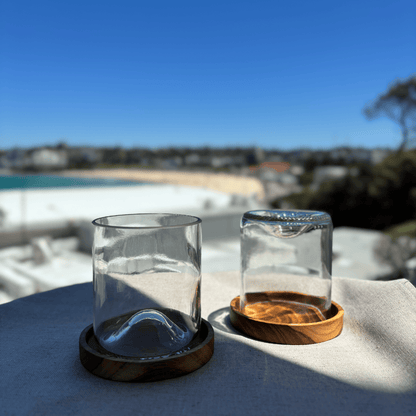 Image of two up-cycled 375ml glass tumblers in clear colour, durable and dishwasher safe.
