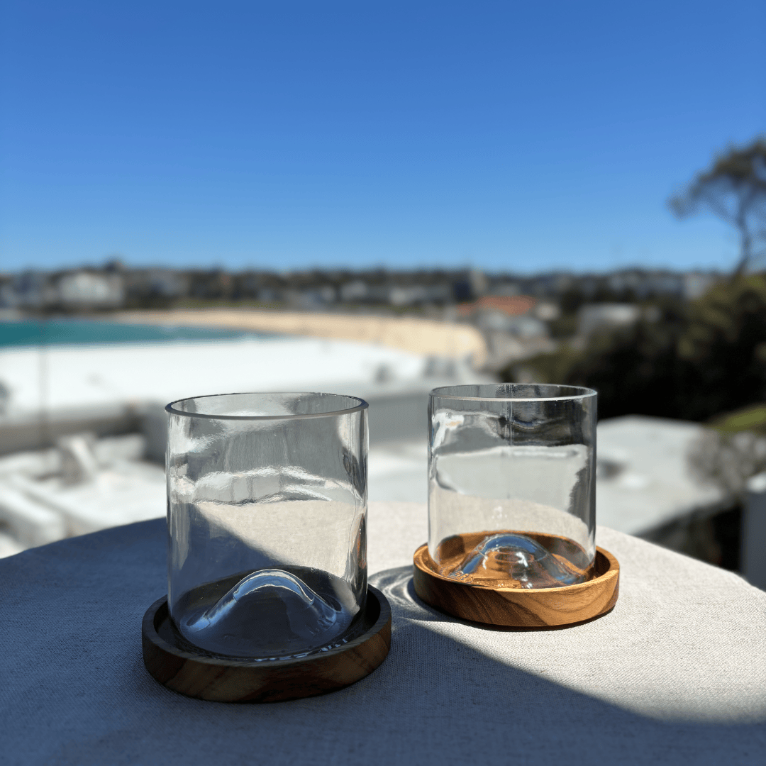Image of two up-cycled 375ml glass tumblers in clear colour, durable and dishwasher safe.