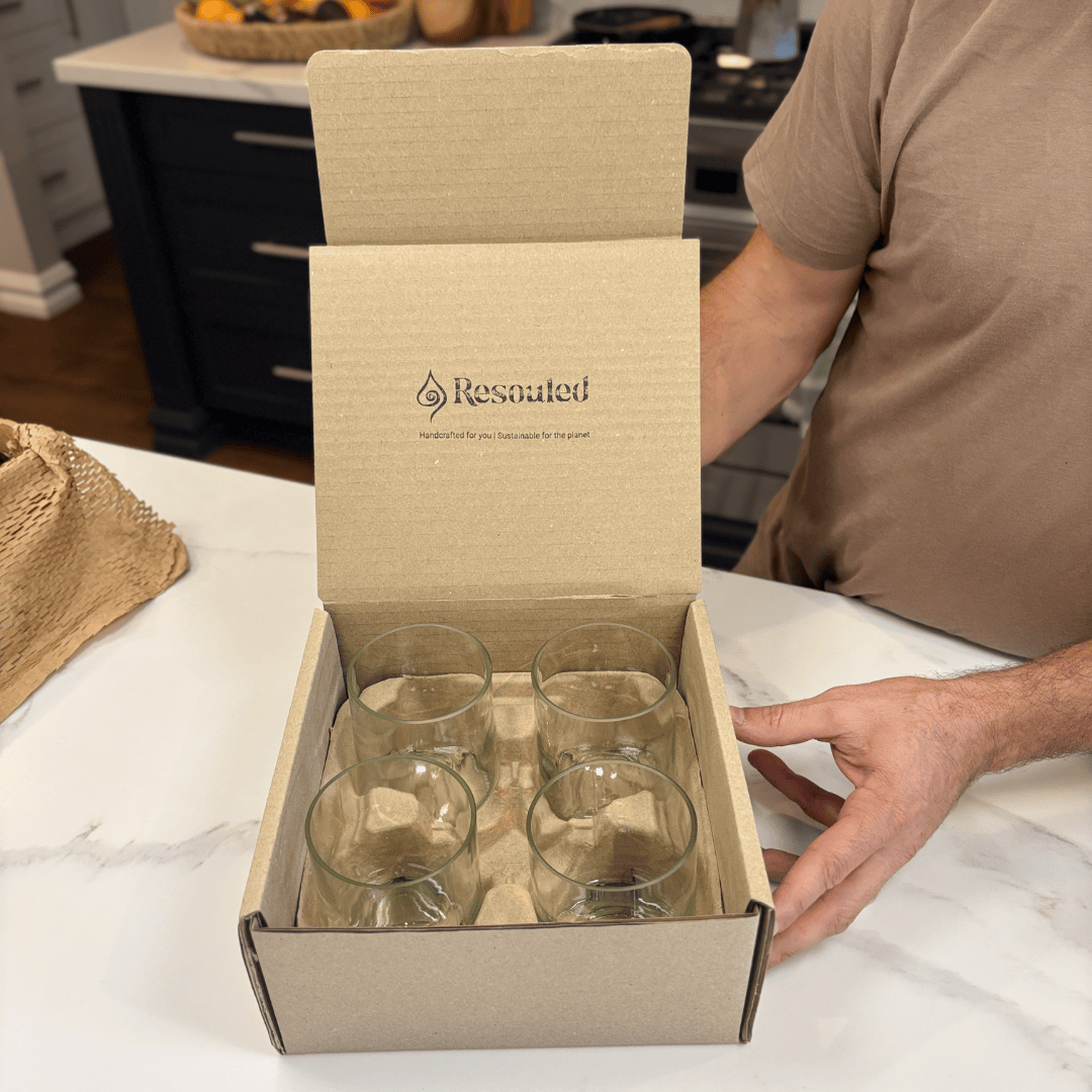 Image of two up-cycled 375ml glass tumblers in clear colour, durable and dishwasher safe.