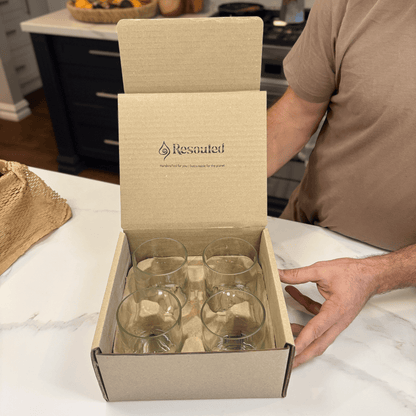 Image of two up-cycled 375ml glass tumblers in clear colour, durable and dishwasher safe.