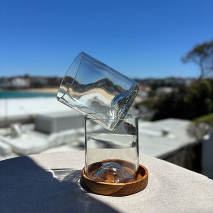 Image of two up-cycled 375ml glass tumblers in clear colour, durable and dishwasher safe.