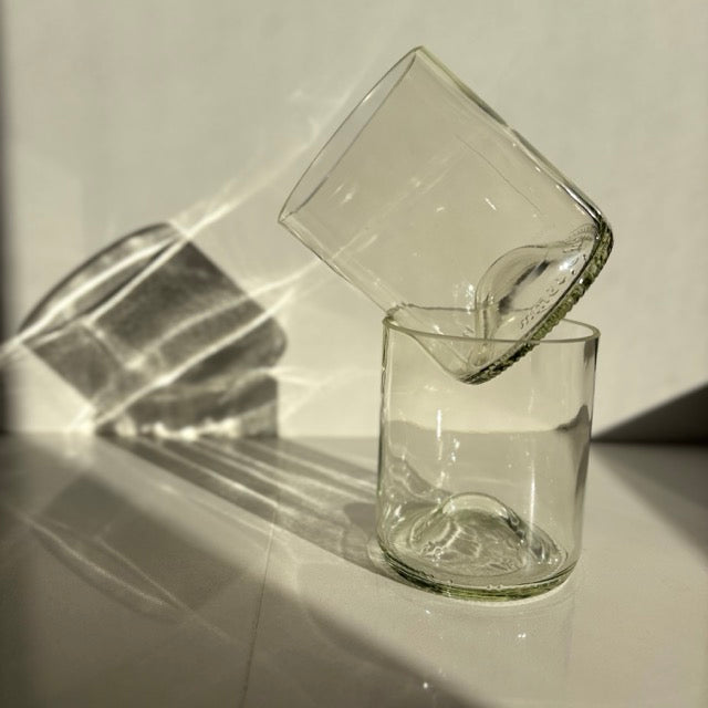 Image of two up-cycled 375ml glass tumblers in clear colour, durable and dishwasher safe.