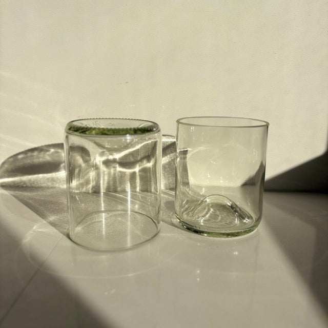 Image of two up-cycled 375ml glass tumblers in clear colour, durable and dishwasher safe.
