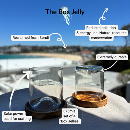 Image of two up-cycled 375ml glass tumblers in clear colour, durable and dishwasher safe.