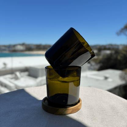 Image of two 425ml up-cycled glass tumblers in green colour, durable and dishwasher safe.