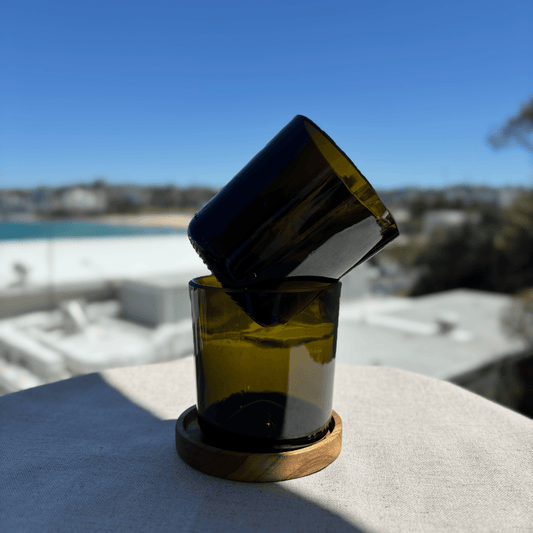 Image of two 425ml up-cycled glass tumblers in green colour, durable and dishwasher safe.