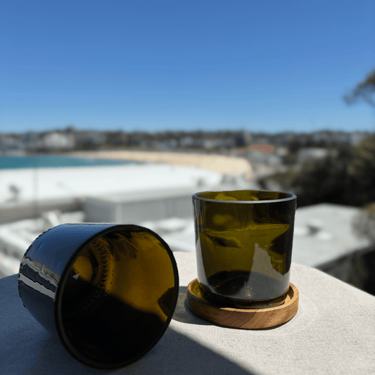 Image of two 425ml up-cycled glass tumblers in green colour, durable and dishwasher safe.