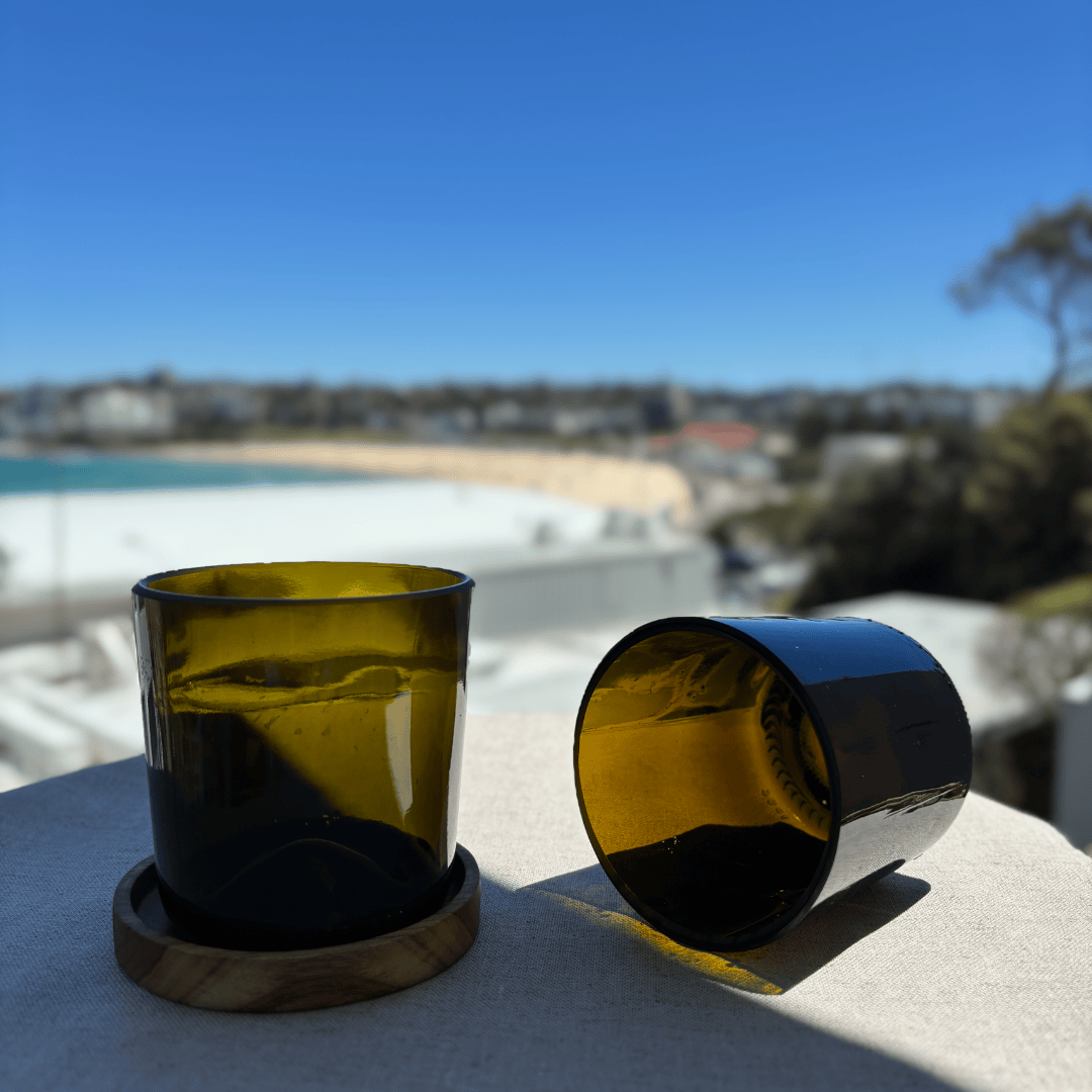 Image of two 425ml up-cycled glass tumblers in green colour, durable and dishwasher safe.