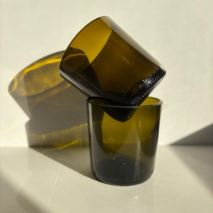 Image of two 425ml up-cycled glass tumblers in green colour, durable and dishwasher safe.