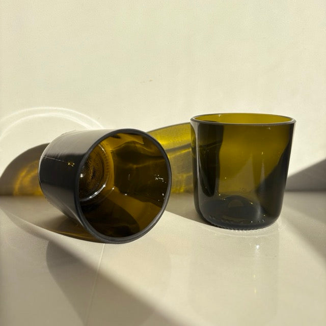 Image of two 425ml up-cycled glass tumblers in green colour, durable and dishwasher safe.