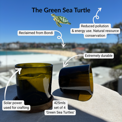 Image of two 425ml up-cycled glass tumblers in green colour, durable and dishwasher safe.