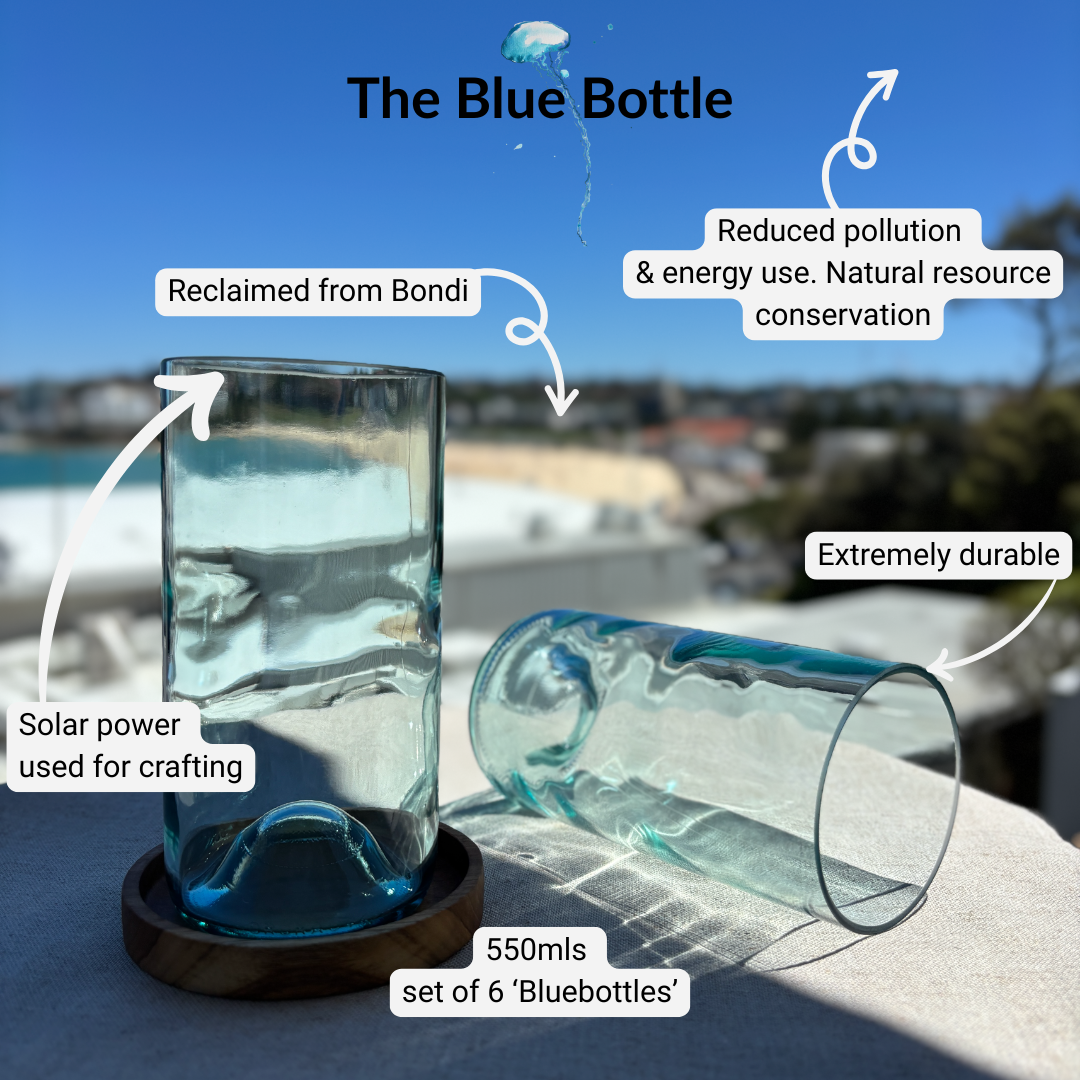 Image of two 550ml up-cycled glass tumblers in clear blue colour, durable and dishwasher safe.