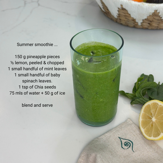 Green smoothie in an upcycled glass with ingredients listed 