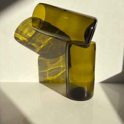 Image of two 600ml up-cycled glass tumblers in green colour, durable and dishwasher safe.