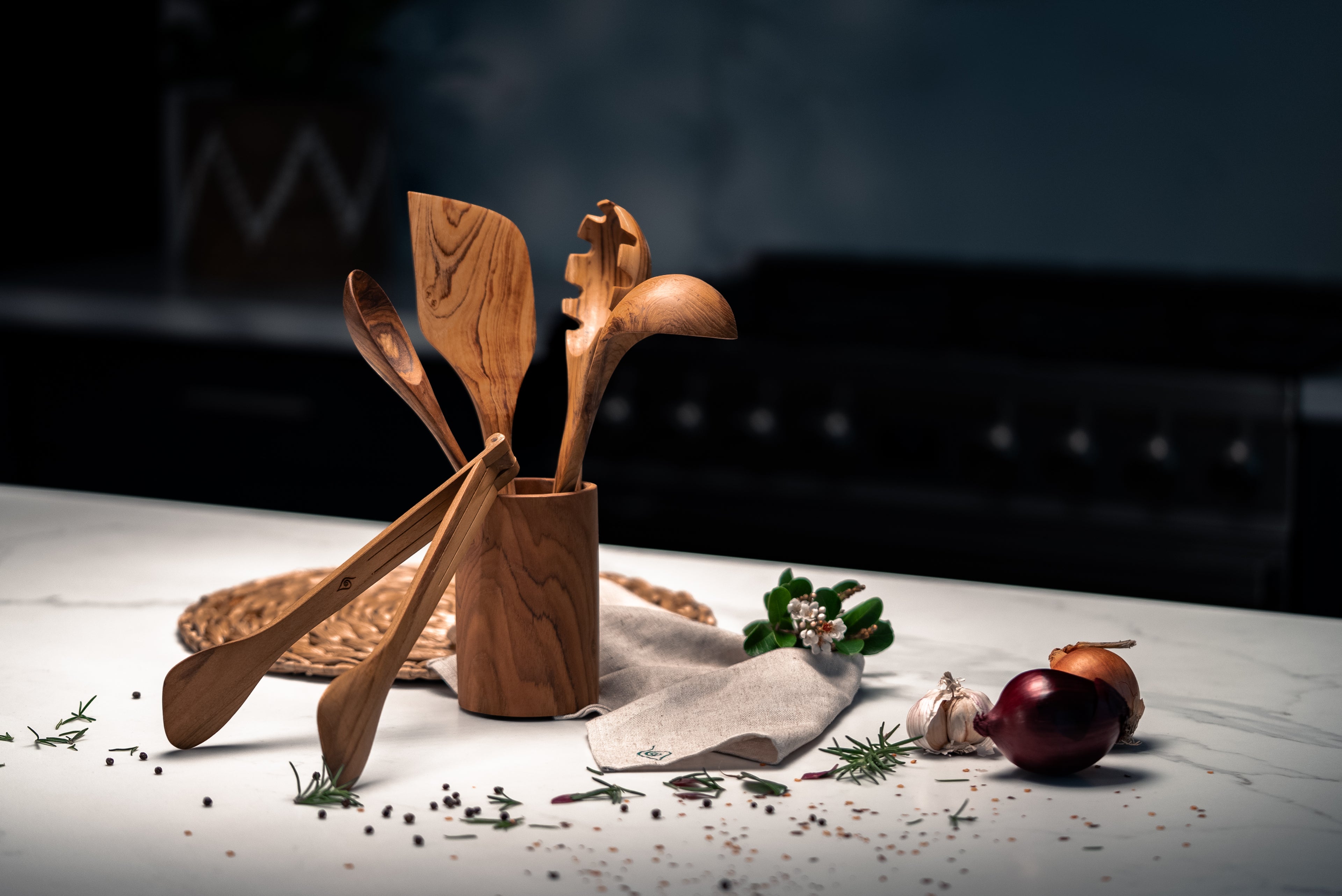 Kitchen Utensil Set is the perfect kitchen sidekick, bringing together five beautifully crafted, high quality, sustainable teak tools for every culinary adventure. 
Spatula: 31.5cm x 8.5cm
Wooden Spoon: 30cm x 6cm x 2cm
Spaghetti Server: 31cm x 7cm x 4cm
Tongs: 22cm x 7cm x 3cm
Ladle: 31cm x 4cm x 10cm
Utensil Holder: 14cm x 9cm