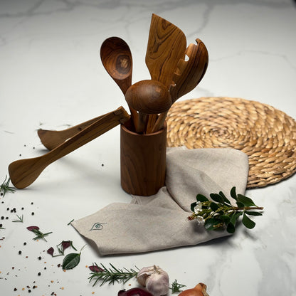 Kitchen Utensil Set is the perfect kitchen sidekick, bringing together five beautifully crafted, high quality, sustainable teak tools for every culinary adventure. 
Spatula: 31.5cm x 8.5cm
Wooden Spoon: 30cm x 6cm x 2cm
Spaghetti Server: 31cm x 7cm x 4cm
Tongs: 22cm x 7cm x 3cm
Ladle: 31cm x 4cm x 10cm
Utensil Holder: 14cm x 9cm