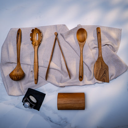 Kitchen Utensil Set is the perfect kitchen sidekick, bringing together five beautifully crafted, high quality, sustainable teak tools for every culinary adventure. 
Spatula: 31.5cm x 8.5cm
Wooden Spoon: 30cm x 6cm x 2cm
Spaghetti Server: 31cm x 7cm x 4cm
Tongs: 22cm x 7cm x 3cm
Ladle: 31cm x 4cm x 10cm
Utensil Holder: 14cm x 9cm