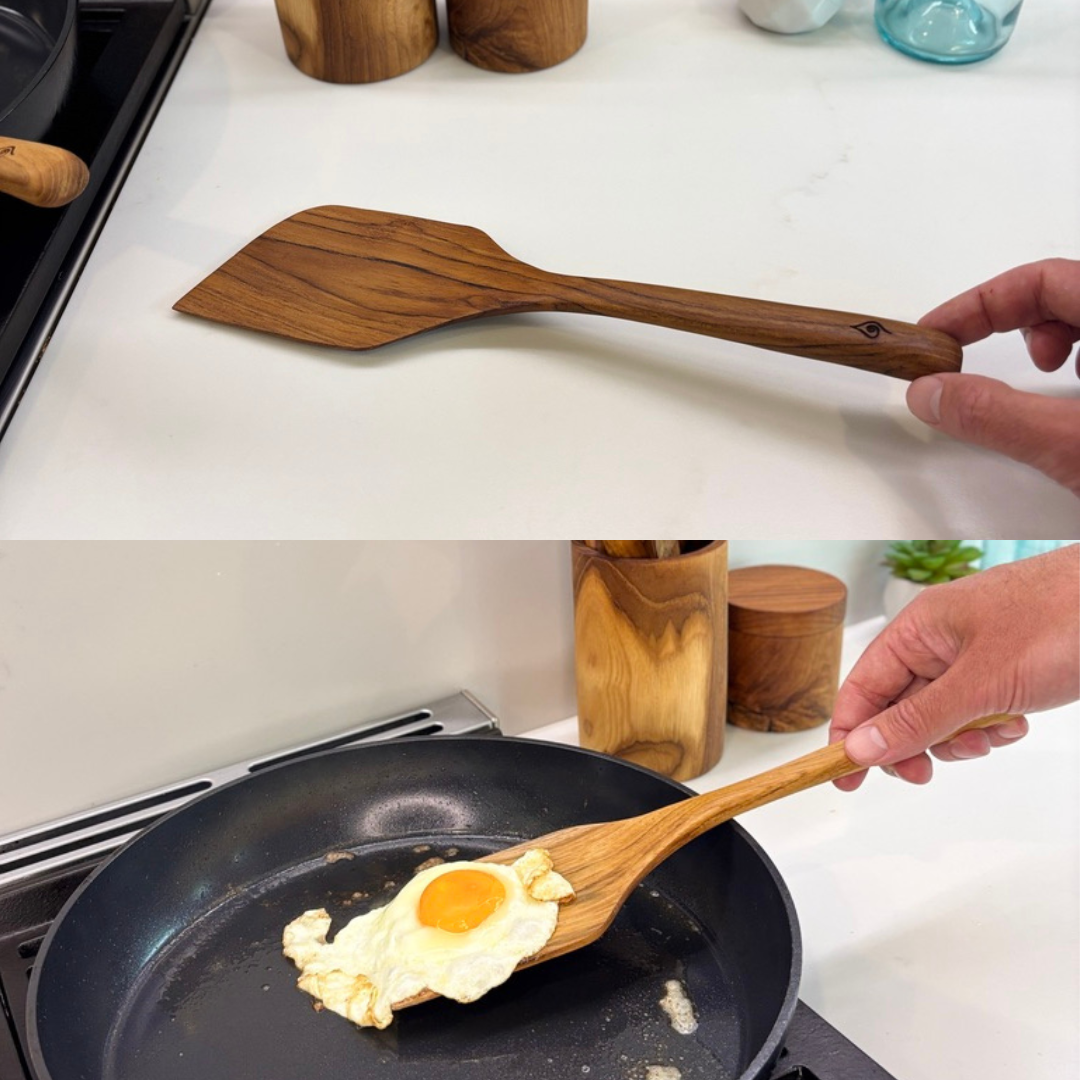 Kitchen Utensil Set is the perfect kitchen sidekick, bringing together five beautifully crafted, high quality, sustainable teak tools for every culinary adventure. 
Spatula: 31.5cm x 8.5cm
Wooden Spoon: 30cm x 6cm x 2cm
Spaghetti Server: 31cm x 7cm x 4cm
Tongs: 22cm x 7cm x 3cm
Ladle: 31cm x 4cm x 10cm
Utensil Holder: 14cm x 9cm
FREE 100ml bottle of Hemp Oil