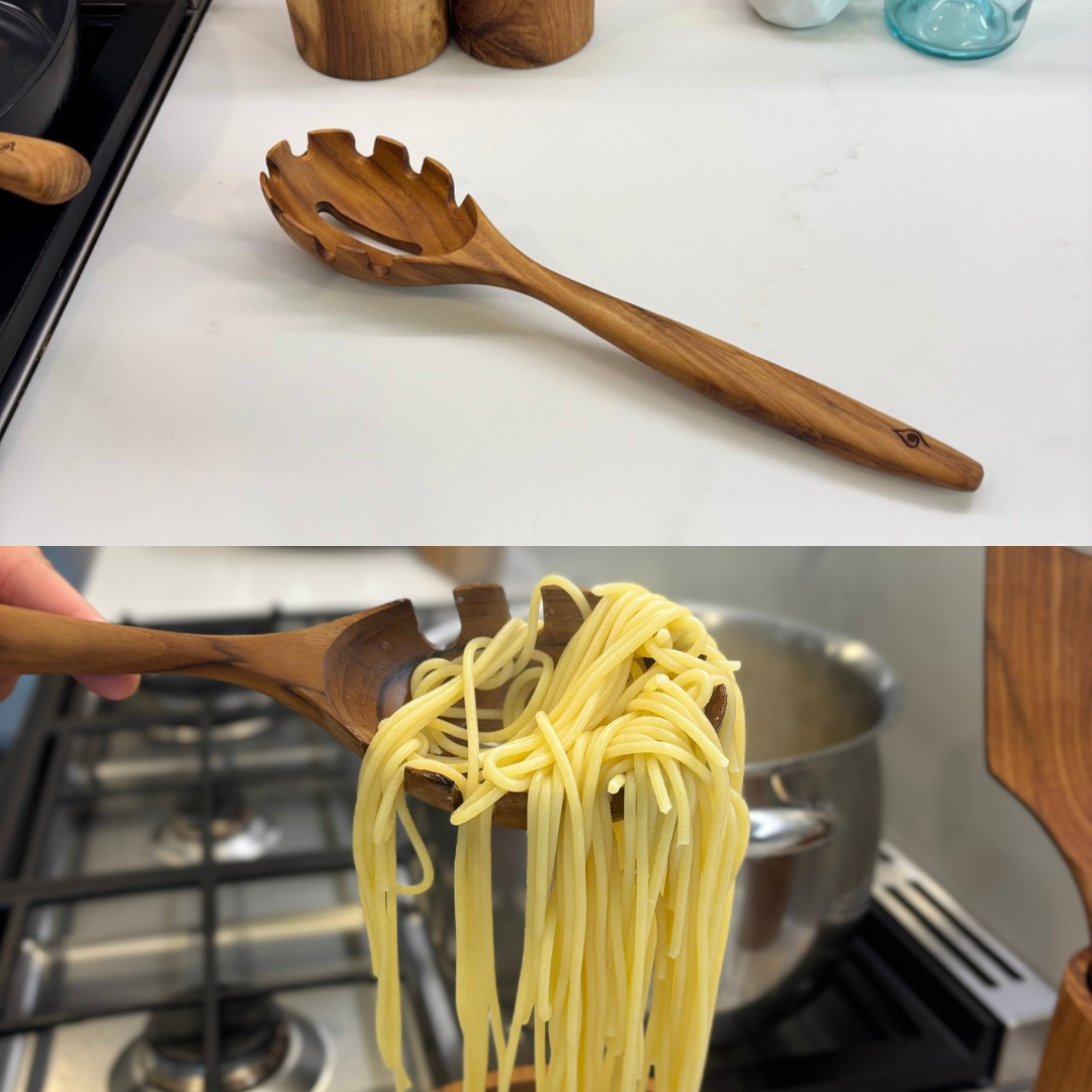 Kitchen Utensil Set is the perfect kitchen sidekick, bringing together five beautifully crafted, high quality, sustainable teak tools for every culinary adventure. 
Spatula: 31.5cm x 8.5cm
Wooden Spoon: 30cm x 6cm x 2cm
Spaghetti Server: 31cm x 7cm x 4cm
Tongs: 22cm x 7cm x 3cm
Ladle: 31cm x 4cm x 10cm
Utensil Holder: 14cm x 9cm
FREE 100ml bottle of Hemp Oil