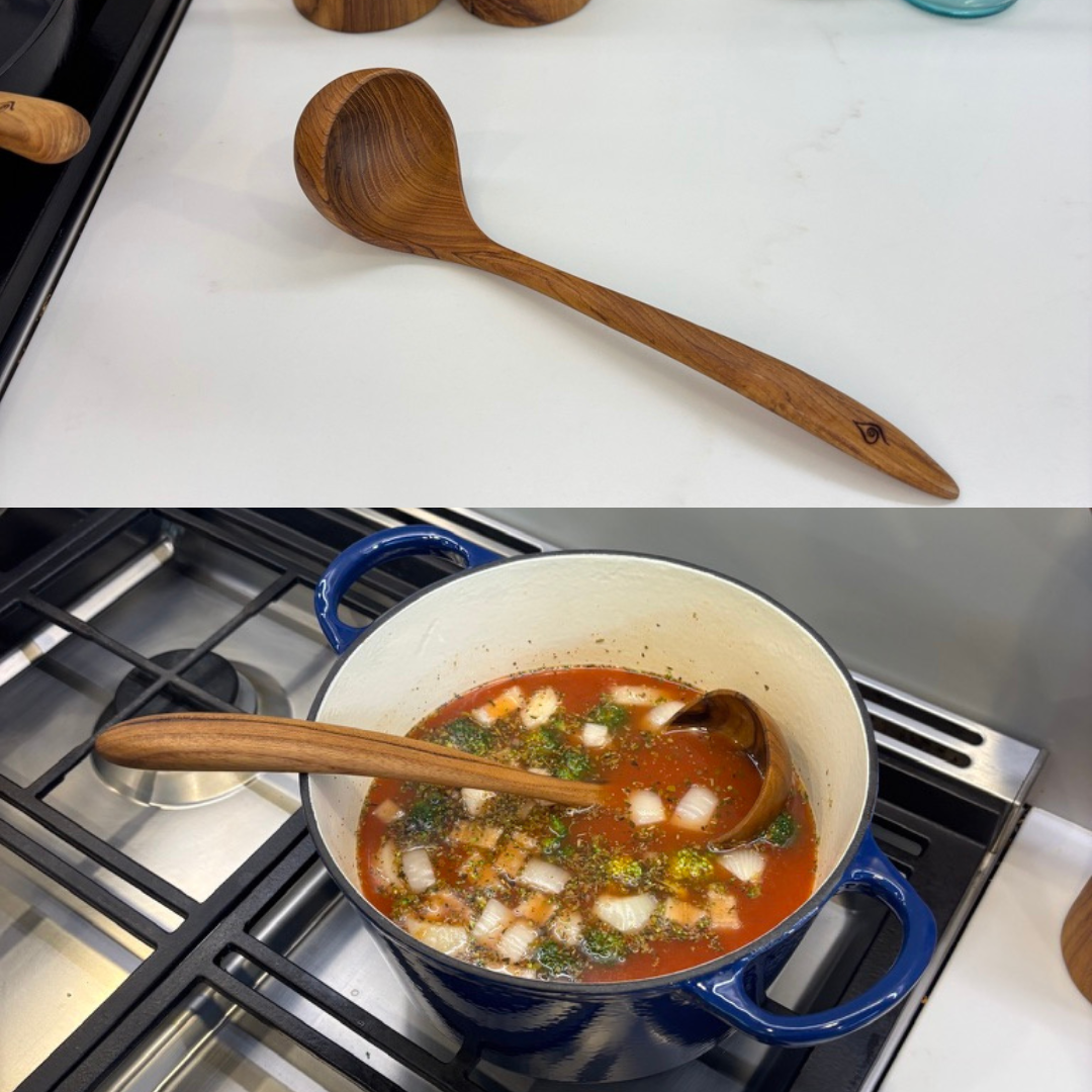 Kitchen Utensil Set is the perfect kitchen sidekick, bringing together five beautifully crafted, high quality, sustainable teak tools for every culinary adventure. 
Spatula: 31.5cm x 8.5cm
Wooden Spoon: 30cm x 6cm x 2cm
Spaghetti Server: 31cm x 7cm x 4cm
Tongs: 22cm x 7cm x 3cm
Ladle: 31cm x 4cm x 10cm
Utensil Holder: 14cm x 9cm
FREE 100ml bottle of Hemp Oil