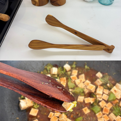 Kitchen Utensil Set is the perfect kitchen sidekick, bringing together five beautifully crafted, high quality, sustainable teak tools for every culinary adventure. 
Spatula: 31.5cm x 8.5cm
Wooden Spoon: 30cm x 6cm x 2cm
Spaghetti Server: 31cm x 7cm x 4cm
Tongs: 22cm x 7cm x 3cm
Ladle: 31cm x 4cm x 10cm
Utensil Holder: 14cm x 9cm
FREE 100ml bottle of Hemp Oil