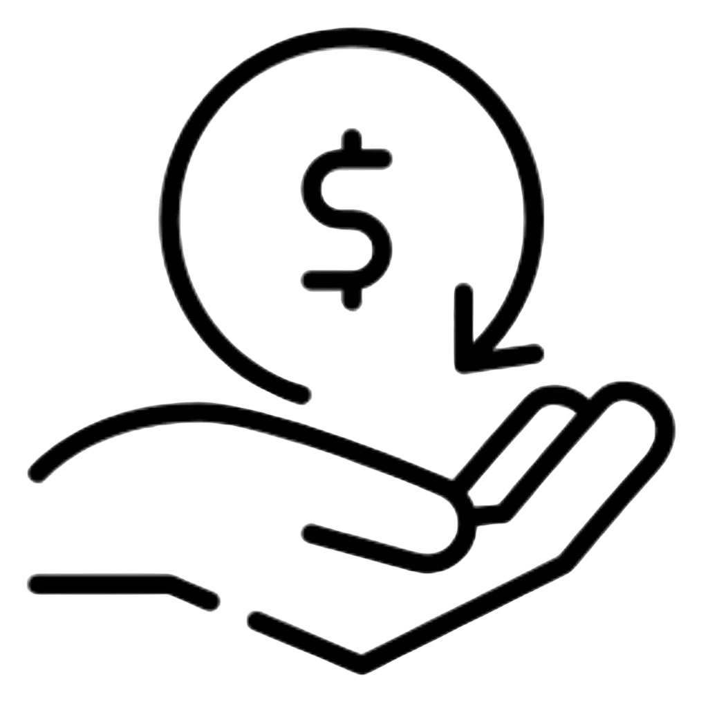 A minimalist black line icon depicting a hand receiving a circular coin or dollar symbol with an arrow, set against a solid white background.