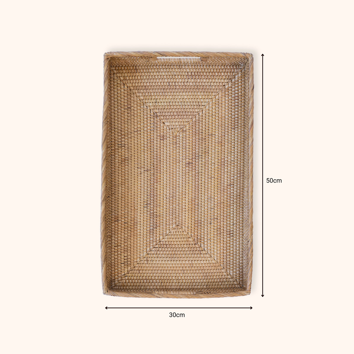 A rectangular woven rattan tray with integrated handles shown from above on a light cream background, with dimension lines indicating 50 cm height and 30 cm width.