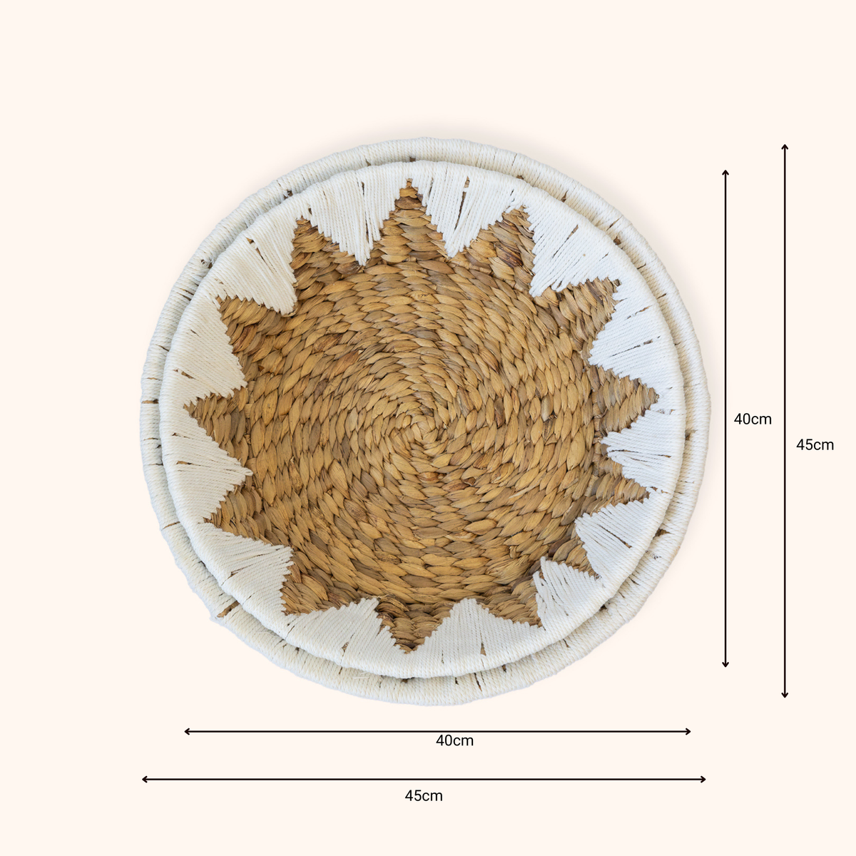 Top-down view of a Water Hyacinth Fruit and Veggie basket with a starburst pattern in natural tan and white, shown with dimension markers indicating 40cm width and 45cm height on a light beige background.