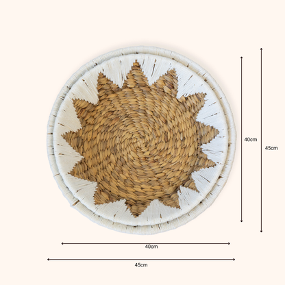 Top-down view of a Water Hyacinth Fruit and Veggie basket with a starburst pattern in natural tan and white, shown with dimension markers indicating 40cm width and 45cm height on a light beige background.