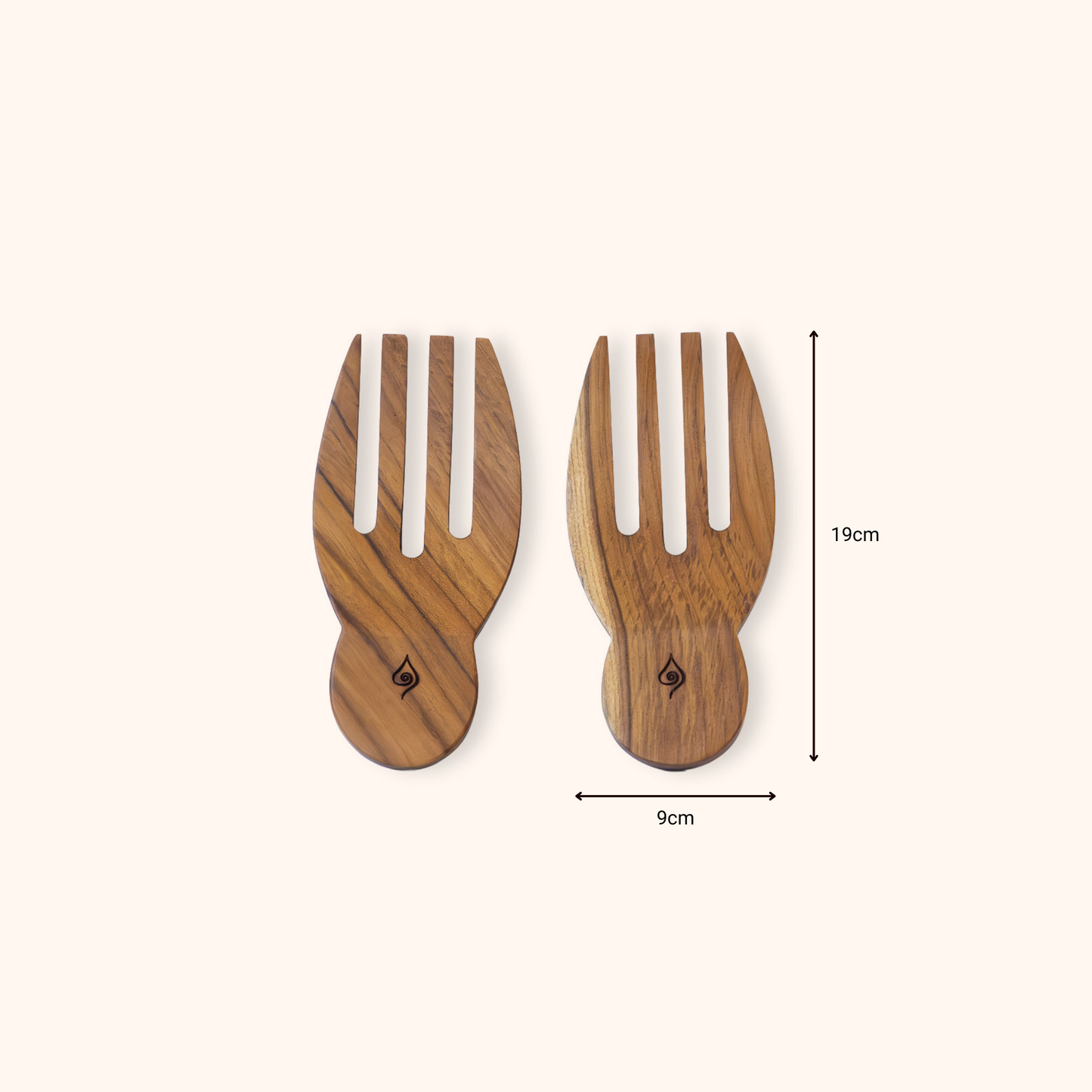 Two teak wooden salad forks with a natural wood grain finish, shown with dimension markings indicating a height of 19cm and a width of 9cm on a light beige background.