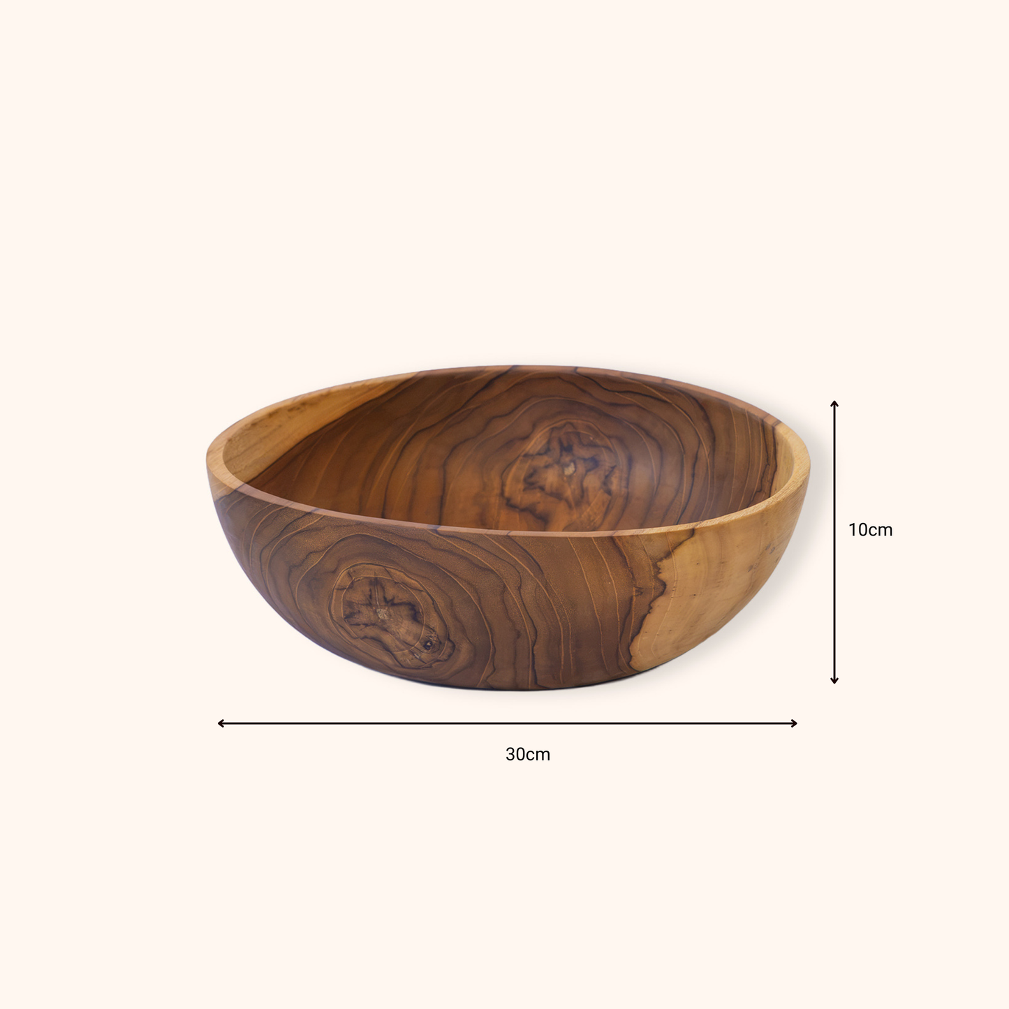 Single piece teak salad bowl with a rich dark brown and golden wood grain pattern, shown with dimension lines indicating a width of 30cm and a height of 10cm on a light cream background.