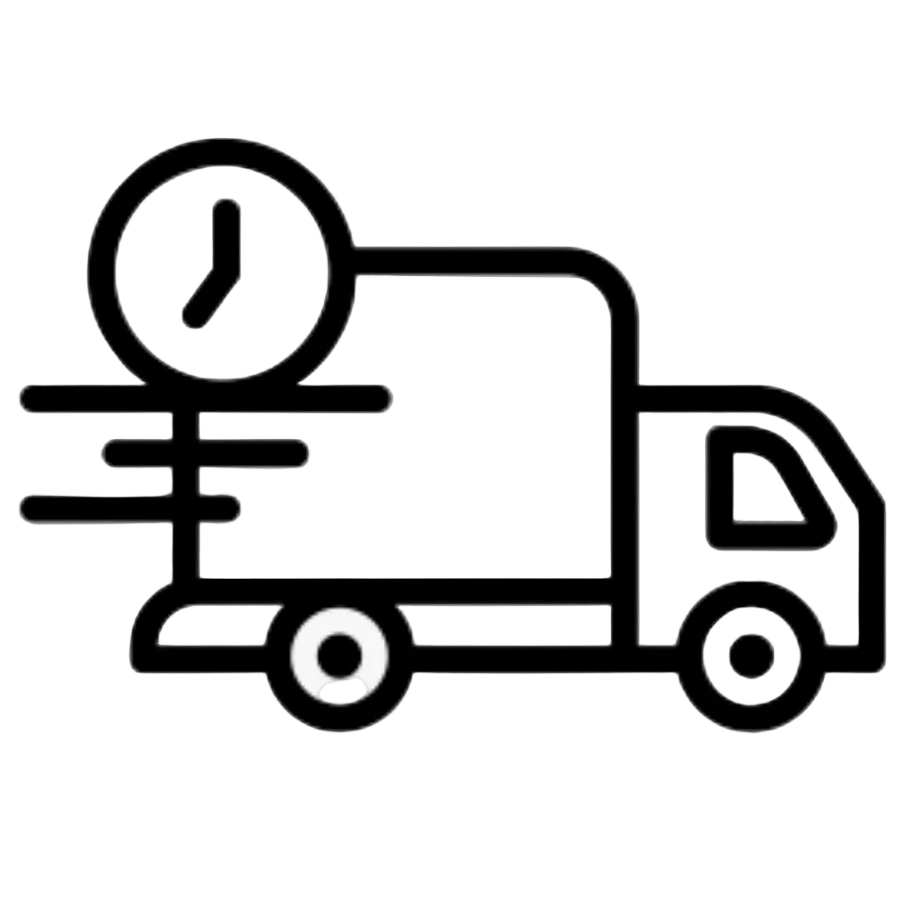 A black line icon of a delivery truck with a clock and speed lines, shown on a plain white background.