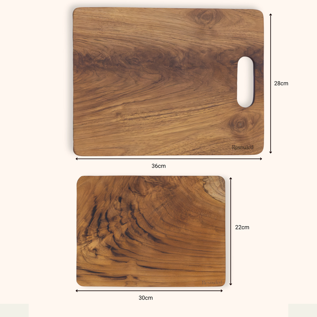 Teak cutting board with a handle, shown from two angles with dimension labels: one full view indicating 36cm by 28cm, and one top-view detail showing 30cm by 22cm. The board has a rich brown wood grain pattern and a cutout handle on the large board. 