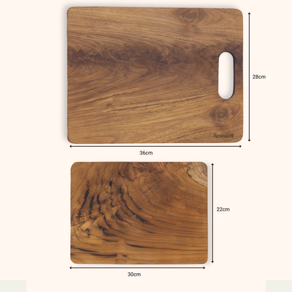 Teak cutting board with a handle, shown from two angles with dimension labels: one full view indicating 36cm by 28cm, and one top-view detail showing 30cm by 22cm. The board has a rich brown wood grain pattern and a cutout handle on the large board. 