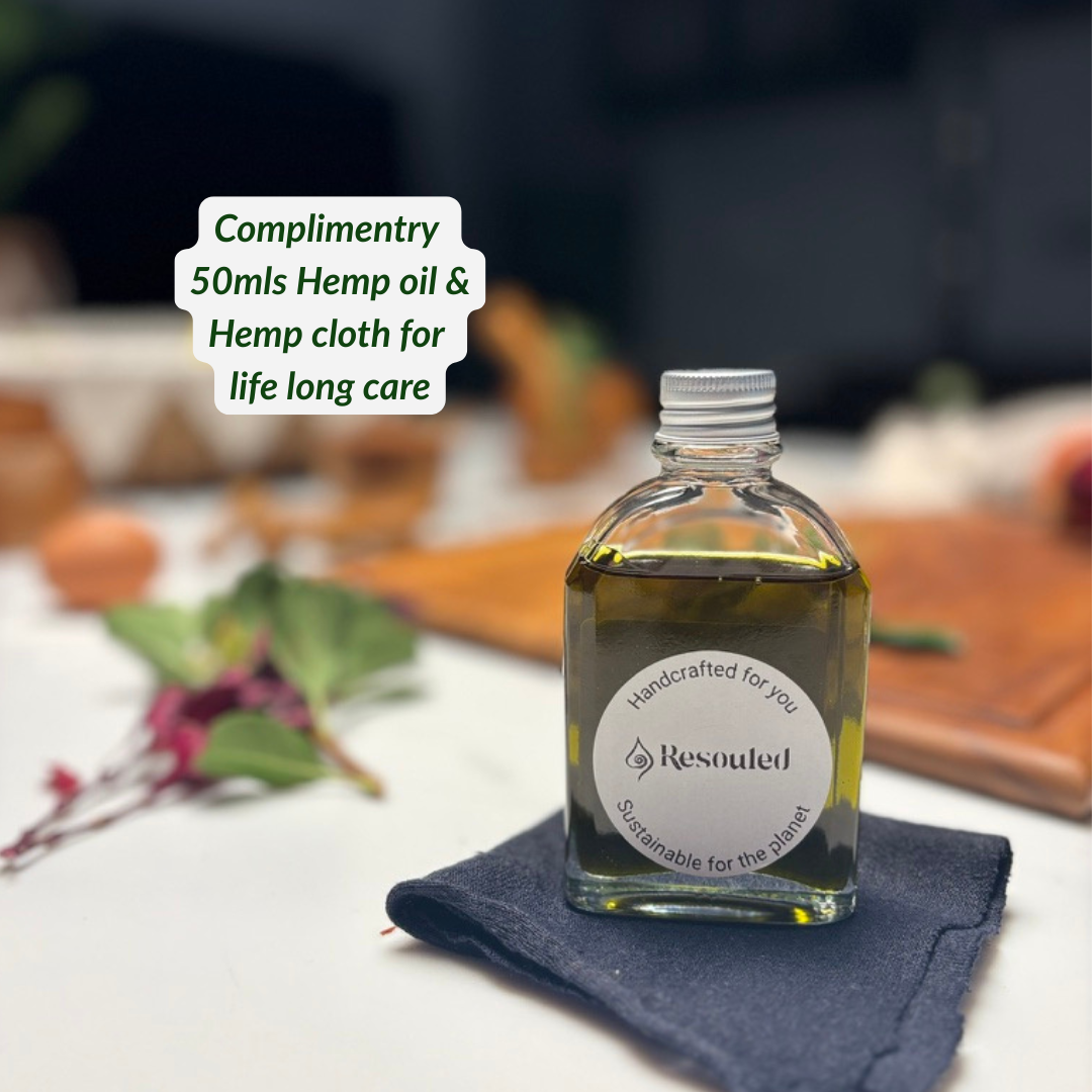 Complimentary 50mls of hemp oil and cloth for life long areThe bottle has a white circular label reading 'Resouled' and 'Handcrafted for you / Sustainable for the planet.