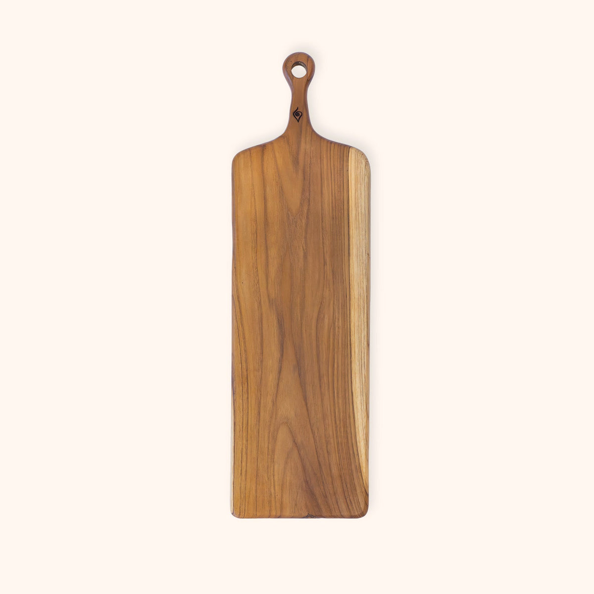 A rectangular wooden serving board with rounded corners and a hanging loop at the top, shown on a plain light cream background.