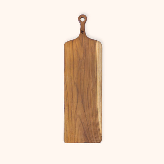 A rectangular wooden serving board with rounded corners and a hanging loop at the top, shown on a plain light cream background.