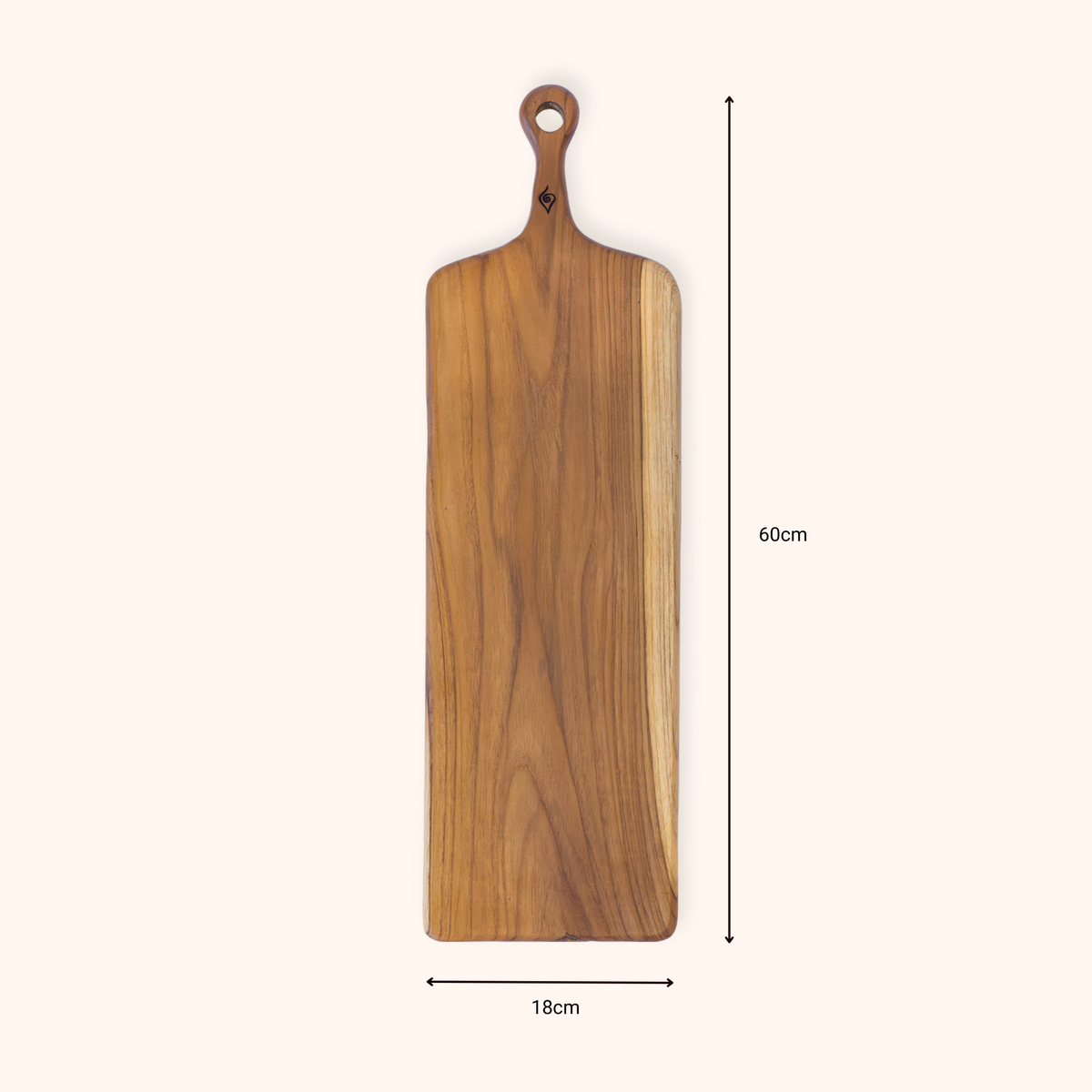 A wooden serving board with a rounded handle and a hanging hole, shown on a light beige background with dimension markers indicating 60 cm height and 18 cm width.