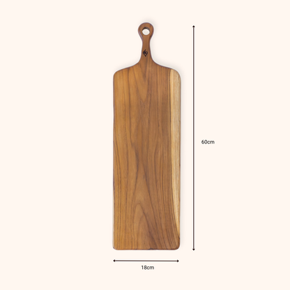 A wooden serving board with a rounded handle and a hanging hole, shown on a light beige background with dimension markers indicating 60 cm height and 18 cm width.