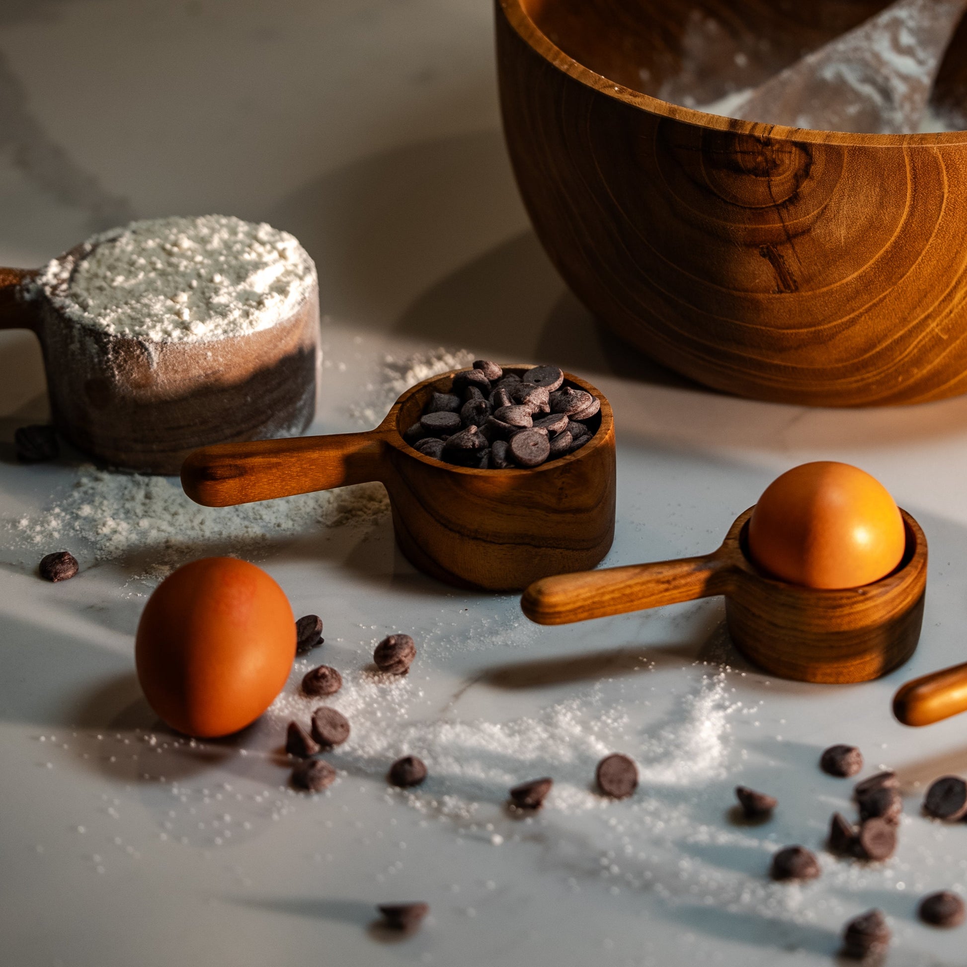 Take the guesswork out of cooking and baking with these Sustainable Teak measuring cups. 
1 Cup (250ml)
1/2 Cup (125ml)
1/3 Cup (80ml)
1/4 Cup (62.5ml)